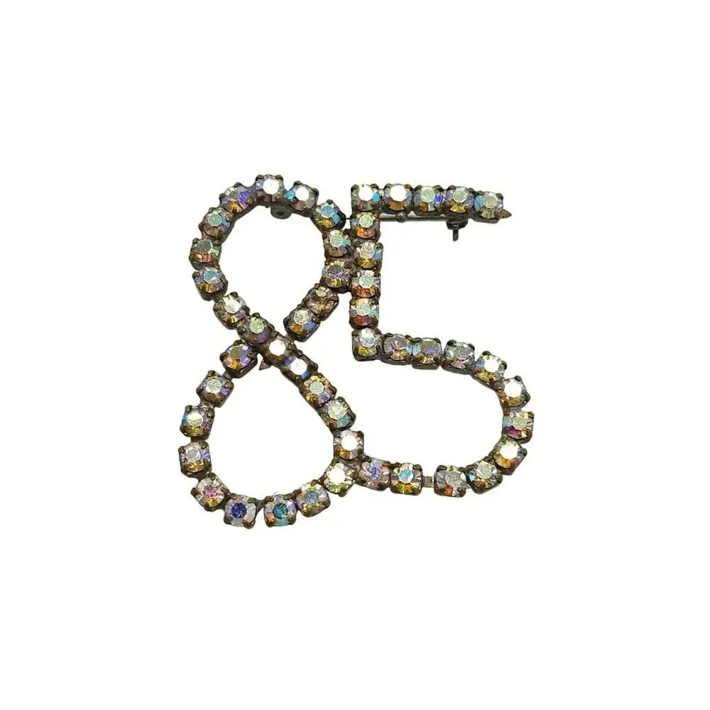 Clear Aurora Borealis Rhinestone Number 85 Brooch Pin Silver Tone Vintage